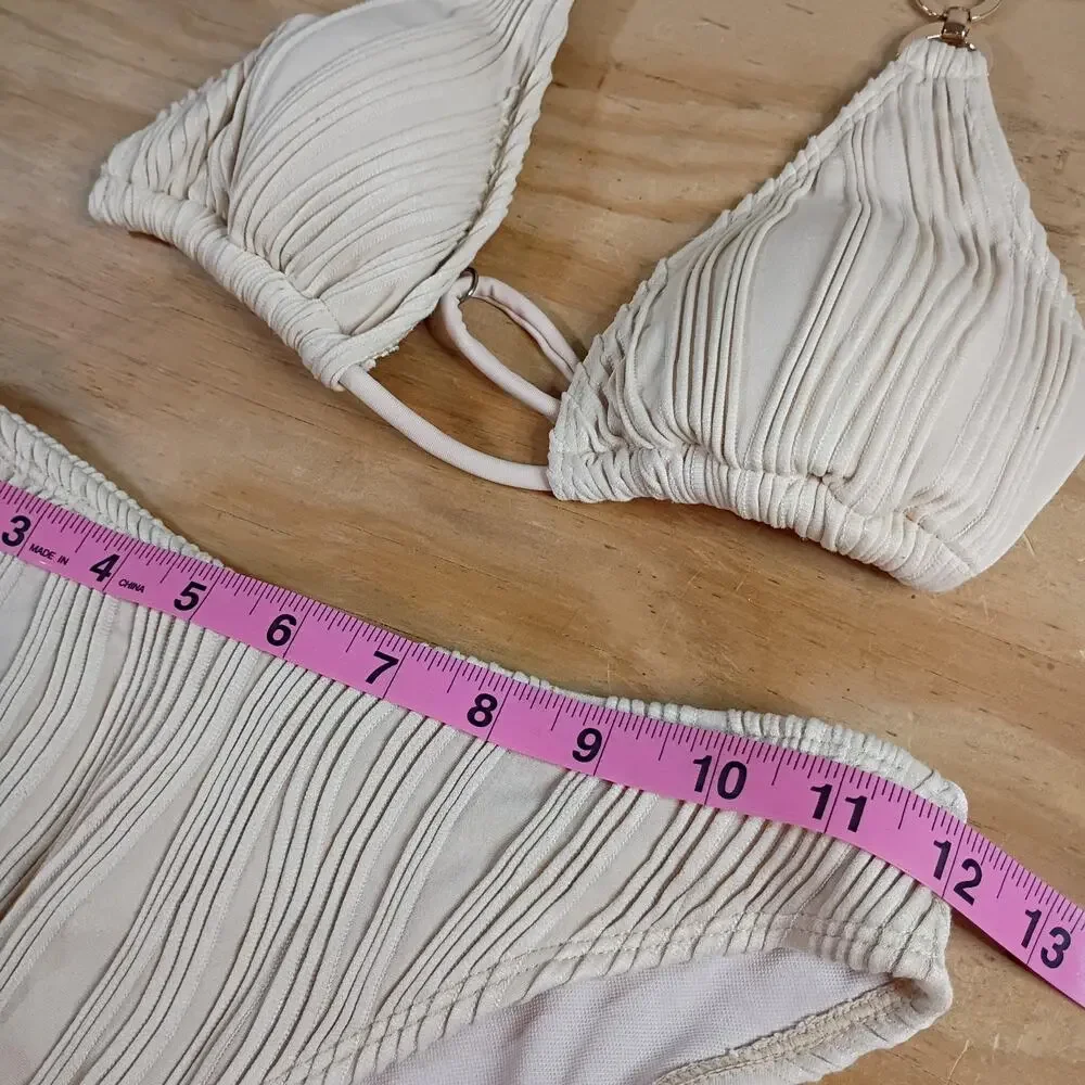 SHEIN Size 14Y Teen 3PC Swimwear Set Cream Textured Bikini & Cover Up Skirt Set